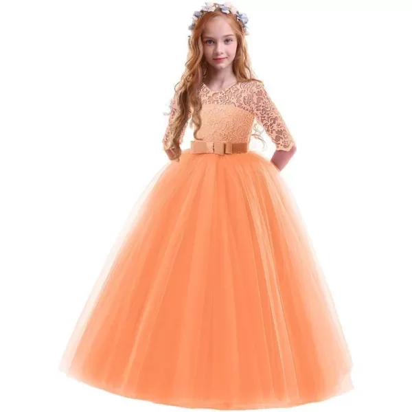 Flower Girl Lace Dress for Kids Wedding Bridesmaid Pageant Party Prom Formal Ball Gown Princess Puffy Tulle DressesPink Orange