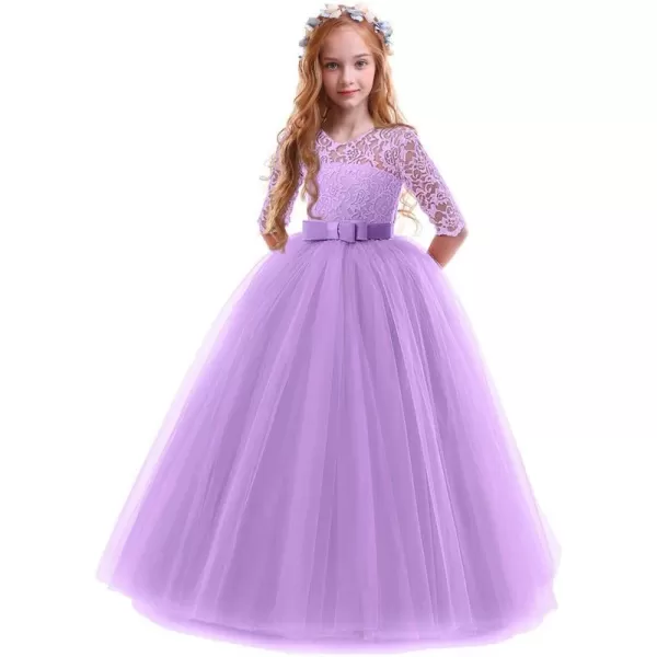 Flower Girl Lace Dress for Kids Wedding Bridesmaid Pageant Party Prom Formal Ball Gown Princess Puffy Tulle DressesPurple