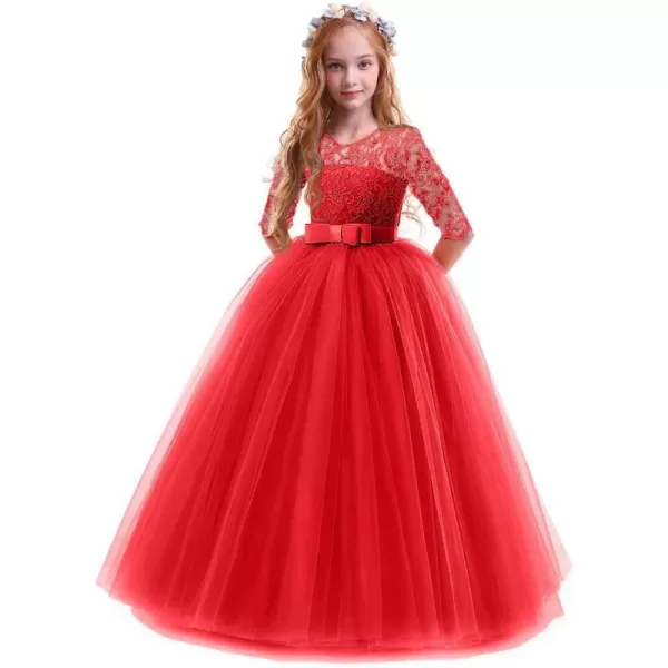 Flower Girl Lace Dress for Kids Wedding Bridesmaid Pageant Party Prom Formal Ball Gown Princess Puffy Tulle DressesRed