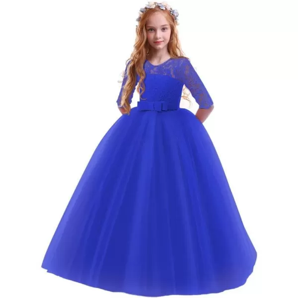 Flower Girl Lace Dress for Kids Wedding Bridesmaid Pageant Party Prom Formal Ball Gown Princess Puffy Tulle DressesRoyal Blue