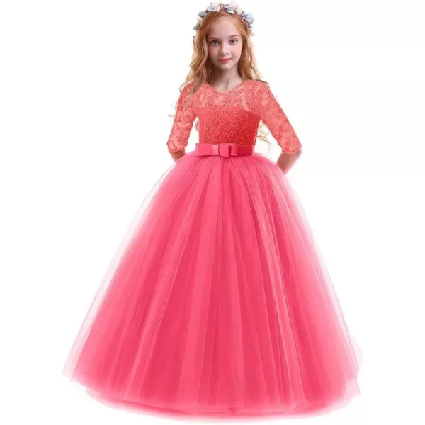 Flower Girl Lace Dress for Kids Wedding Bridesmaid Pageant Party Prom Formal Ball Gown Princess Puffy Tulle DressesWatermelon Red