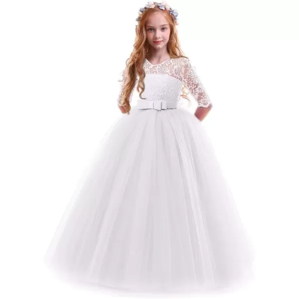 Flower Girl Lace Dress for Kids Wedding Bridesmaid Pageant Party Prom Formal Ball Gown Princess Puffy Tulle DressesWhite