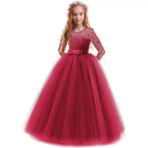 Flower Girl Lace Dress for Kids Wedding Bridesmaid Pageant Party Prom Formal Ball Gown Princess Puffy Tulle DressesWine Red