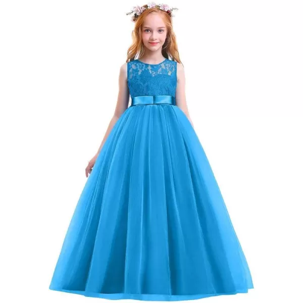 Flower Girl Lace Long Princess Dresses Kids Formal Wedding Party Pageant Ball Gowns First Communion Puffy Tulle DressBlue