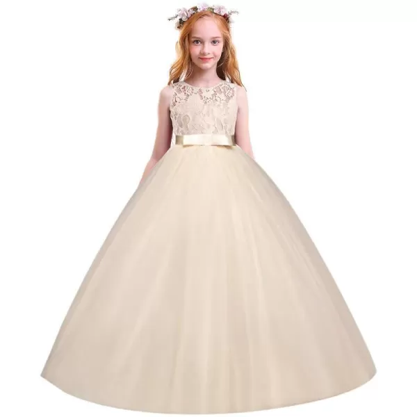 Flower Girl Lace Long Princess Dresses Kids Formal Wedding Party Pageant Ball Gowns First Communion Puffy Tulle DressChampagne