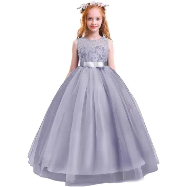 Flower Girl Lace Long Princess Dresses Kids Formal Wedding Party Pageant Ball Gowns First Communion Puffy Tulle DressGray