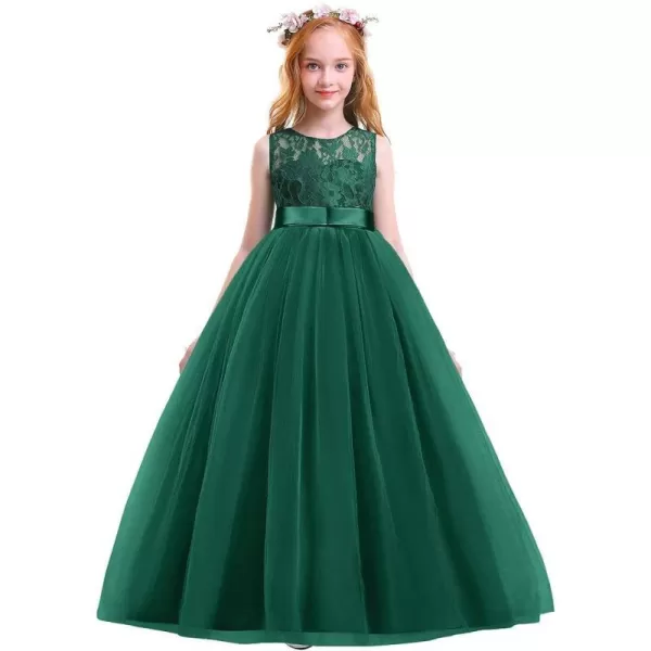 Flower Girl Lace Long Princess Dresses Kids Formal Wedding Party Pageant Ball Gowns First Communion Puffy Tulle DressGreen