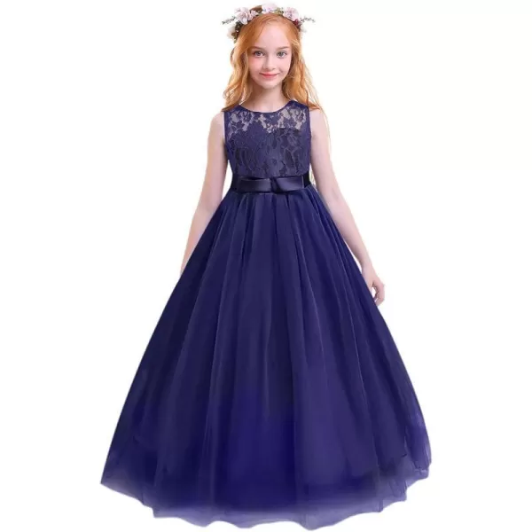 Flower Girl Lace Long Princess Dresses Kids Formal Wedding Party Pageant Ball Gowns First Communion Puffy Tulle DressNavy Blue