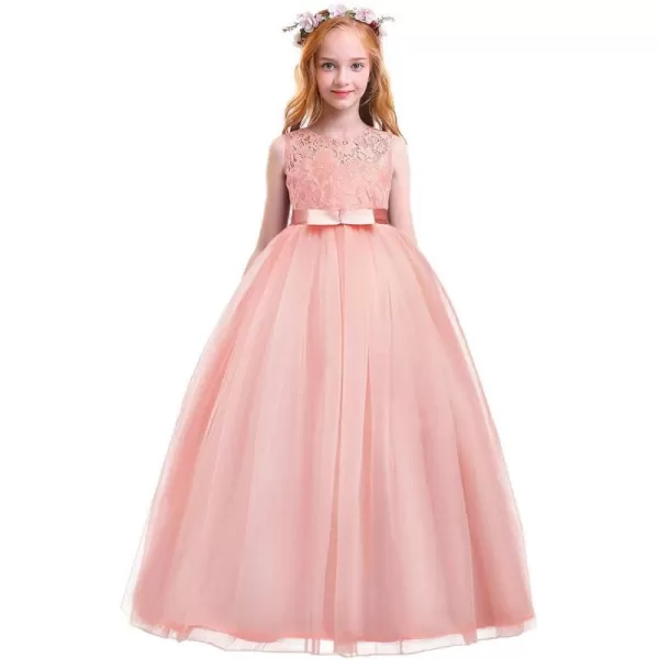 Flower Girl Lace Long Princess Dresses Kids Formal Wedding Party Pageant Ball Gowns First Communion Puffy Tulle DressPeach