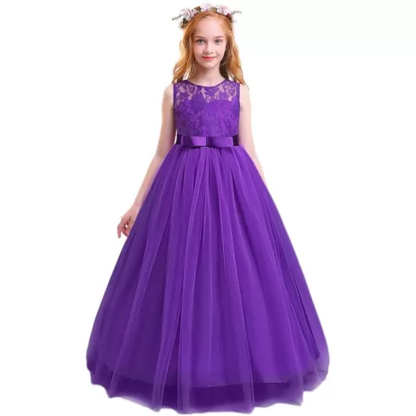 Flower Girl Lace Long Princess Dresses Kids Formal Wedding Party Pageant Ball Gowns First Communion Puffy Tulle DressPurple