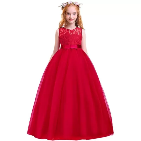 Flower Girl Lace Long Princess Dresses Kids Formal Wedding Party Pageant Ball Gowns First Communion Puffy Tulle DressRed