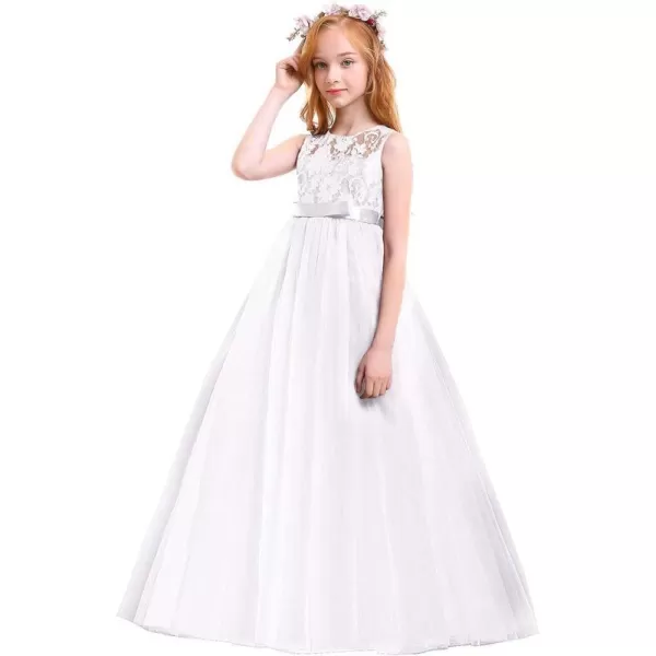 Flower Girl Lace Long Princess Dresses Kids Formal Wedding Party Pageant Ball Gowns First Communion Puffy Tulle DressWhite