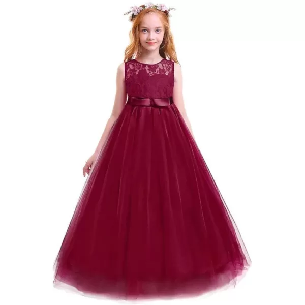 Flower Girl Lace Long Princess Dresses Kids Formal Wedding Party Pageant Ball Gowns First Communion Puffy Tulle DressWine Red