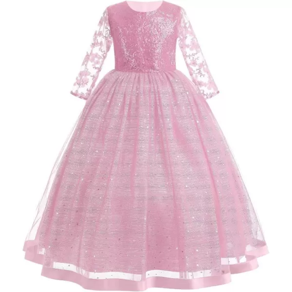 Flower Girl Sequins Dress 34 Sleeves Maxi Gown for Kids Party Wedding Bridesmaid Princess Pageant Long Tulle DressesPink