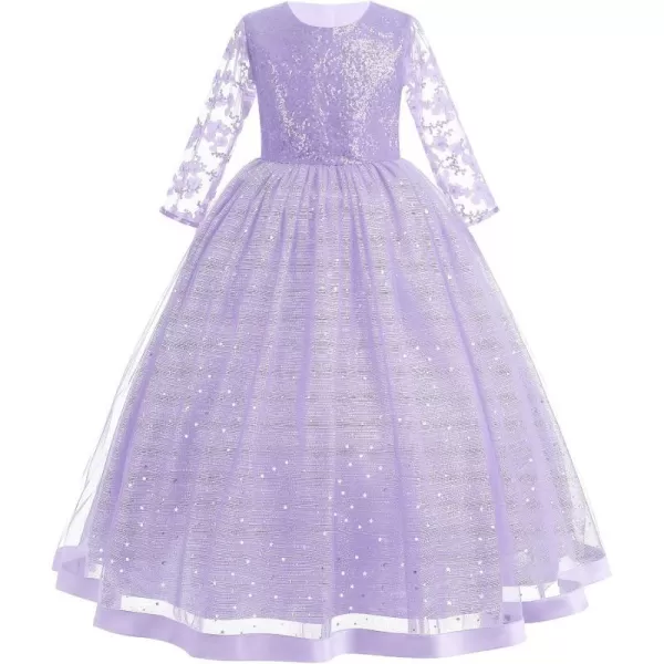 Flower Girl Sequins Dress 34 Sleeves Maxi Gown for Kids Party Wedding Bridesmaid Princess Pageant Long Tulle DressesPurple