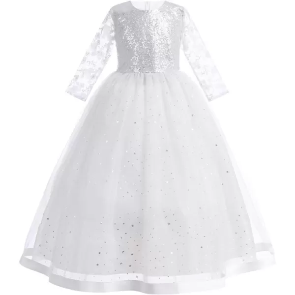 Flower Girl Sequins Dress 34 Sleeves Maxi Gown for Kids Party Wedding Bridesmaid Princess Pageant Long Tulle DressesWhite