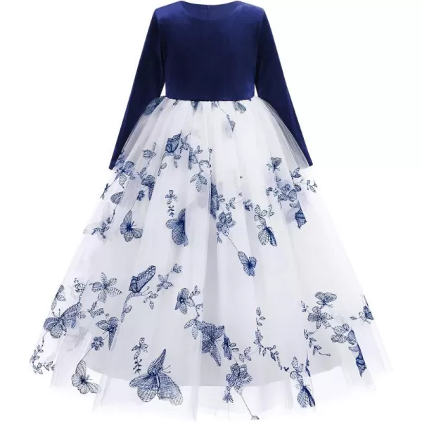 Flower Girl Velvet Dress for Kids Wedding Bridesmaid Pageant Party Prom Formal Ball Gown Princess Puffy Tulle DressesDark Blue  Butterfly