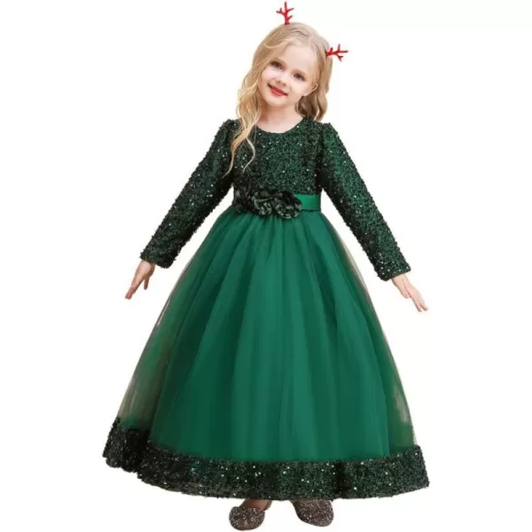 Flower Girl Velvet Dress for Kids Wedding Bridesmaid Pageant Party Prom Formal Ball Gown Princess Puffy Tulle DressesDark Green  Sequin Flower