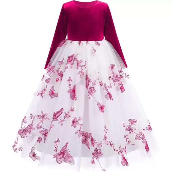 Flower Girl Velvet Dress for Kids Wedding Bridesmaid Pageant Party Prom Formal Ball Gown Princess Puffy Tulle DressesHot Pink  Butterfly