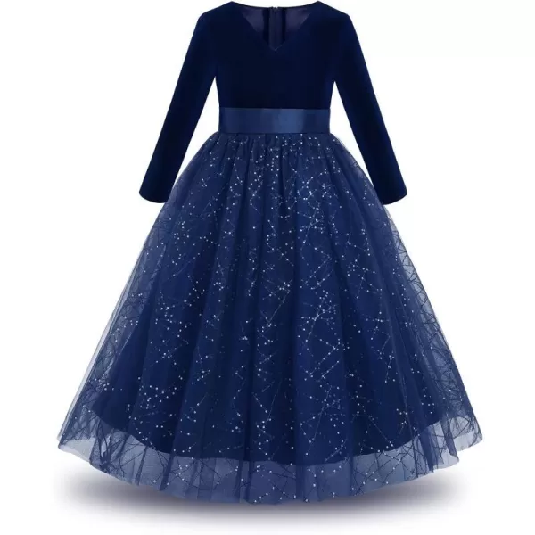 Flower Girl Velvet Dress for Kids Wedding Bridesmaid Pageant Party Prom Formal Ball Gown Princess Puffy Tulle DressesNavy Blue  Sequins