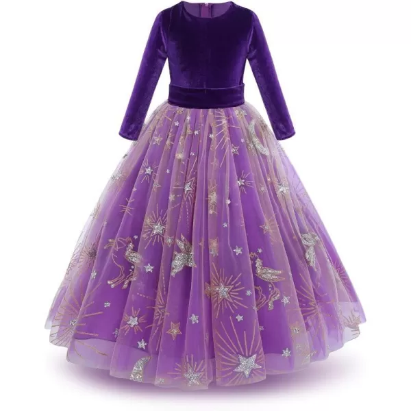 Flower Girl Velvet Dress for Kids Wedding Bridesmaid Pageant Party Prom Formal Ball Gown Princess Puffy Tulle DressesPurple  Gold Stars