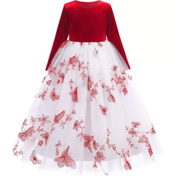 Flower Girl Velvet Dress for Kids Wedding Bridesmaid Pageant Party Prom Formal Ball Gown Princess Puffy Tulle DressesRed  Butterfly