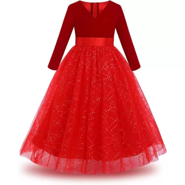 Flower Girl Velvet Dress for Kids Wedding Bridesmaid Pageant Party Prom Formal Ball Gown Princess Puffy Tulle DressesRed  Sequins