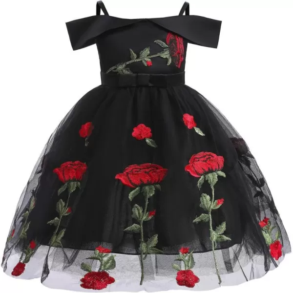 Flower Girl Vintage Floral Embroidery Rose Dress for Kids Wedding Bridesmaid Pageant Long Gown Communion Tulle DressesBlack  Off Shoulder