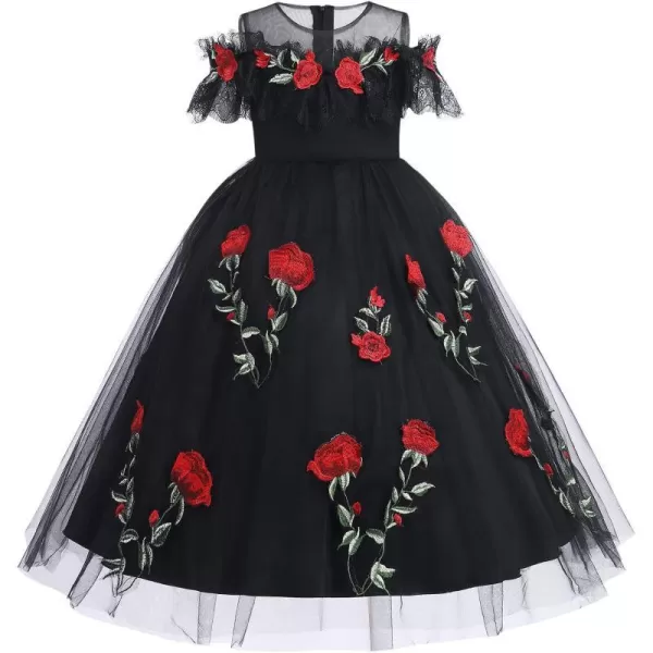 Flower Girl Vintage Floral Embroidery Rose Dress for Kids Wedding Bridesmaid Pageant Long Gown Communion Tulle DressesBlack