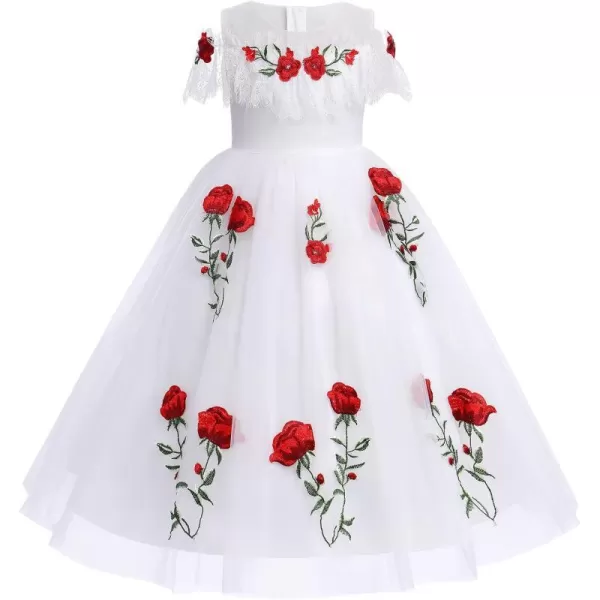 Flower Girl Vintage Floral Embroidery Rose Dress for Kids Wedding Bridesmaid Pageant Long Gown Communion Tulle DressesWhite