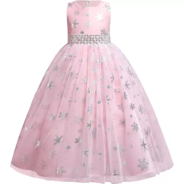 Flower Girls Christmas Snowflake Dress for Kids Wedding Bridesmaid Princess Pageant Formal Party Sequins Maxi DressesPink