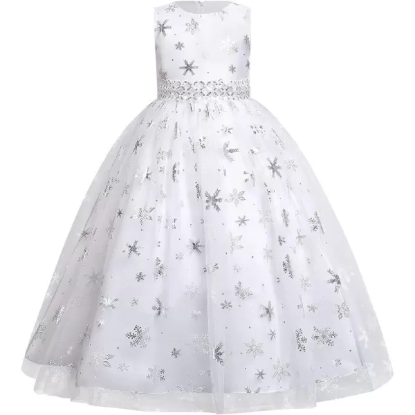 Flower Girls Christmas Snowflake Dress for Kids Wedding Bridesmaid Princess Pageant Formal Party Sequins Maxi DressesWhite