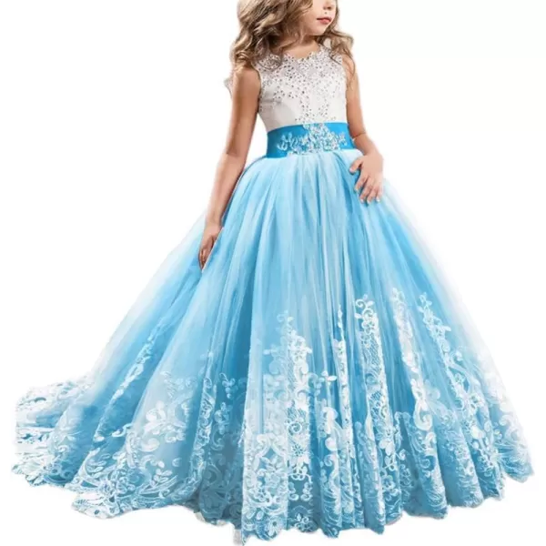 Flower Girls Lace Applique Long Pageant Bridesmaid Wedding Party Maxi Dresses Princess Communion Puffy Tulle Ball GownsBlue