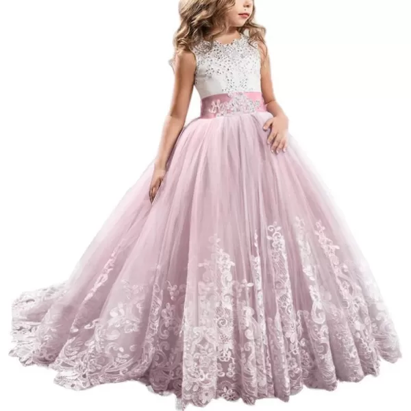 Flower Girls Lace Applique Long Pageant Bridesmaid Wedding Party Maxi Dresses Princess Communion Puffy Tulle Ball GownsDusty Pink