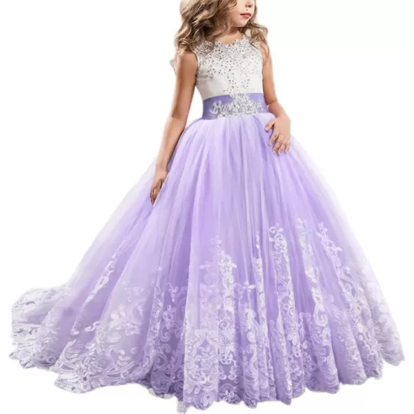 Flower Girls Lace Applique Long Pageant Bridesmaid Wedding Party Maxi Dresses Princess Communion Puffy Tulle Ball GownsLilac