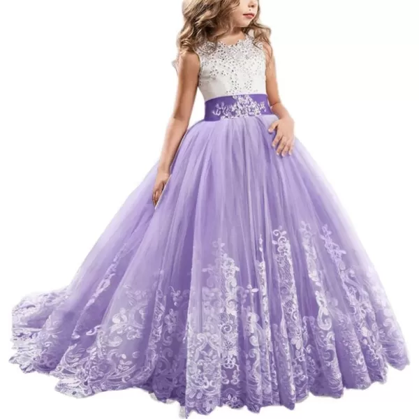 Flower Girls Lace Applique Long Pageant Bridesmaid Wedding Party Maxi Dresses Princess Communion Puffy Tulle Ball GownsPurple