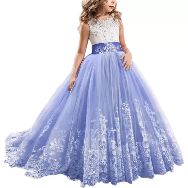 Flower Girls Lace Applique Long Pageant Bridesmaid Wedding Party Maxi Dresses Princess Communion Puffy Tulle Ball GownsRoyal Blue