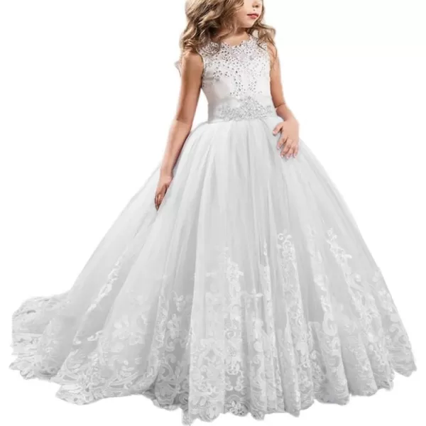 Flower Girls Lace Applique Long Pageant Bridesmaid Wedding Party Maxi Dresses Princess Communion Puffy Tulle Ball GownsWhite