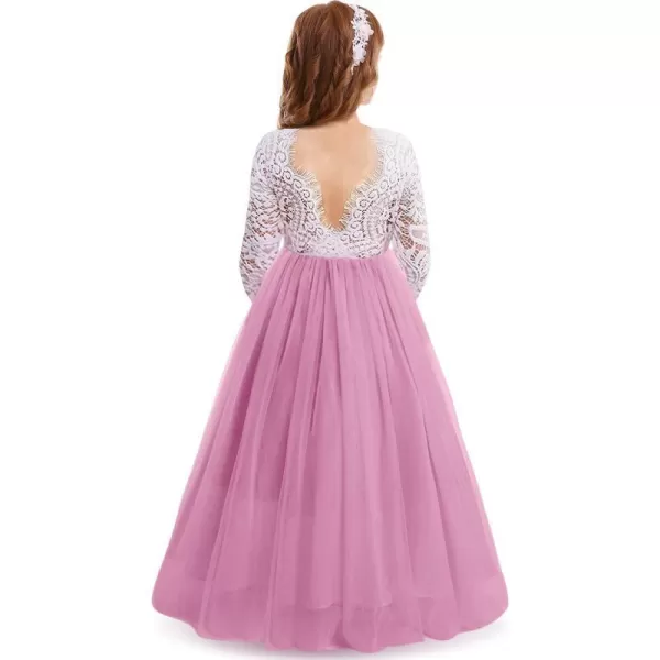 Flower Girls Lace Back Dress for Kids Wedding Bridesmaid Party Formal Gown Princess Pageant Birthday Long Tulle DressesDusty Pink