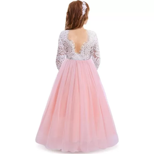 Flower Girls Lace Back Dress for Kids Wedding Bridesmaid Party Formal Gown Princess Pageant Birthday Long Tulle DressesPink