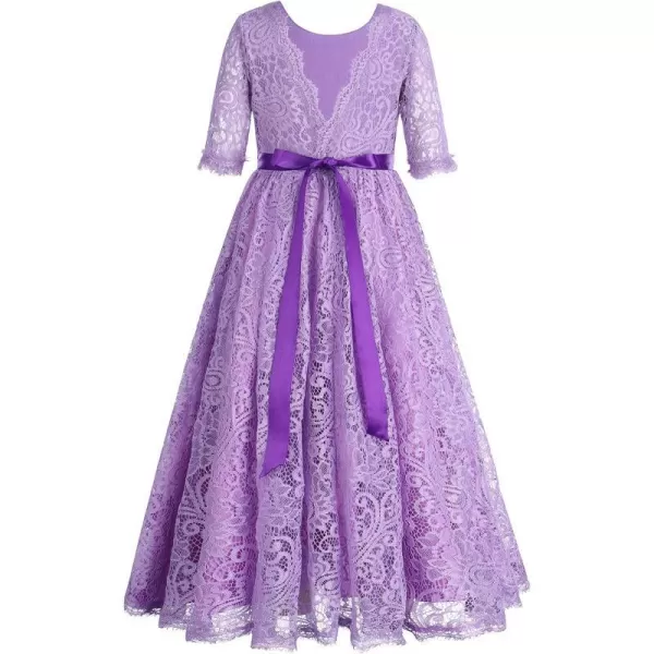 Flower Girls Lace Back Dress for Kids Wedding Bridesmaid Party Formal Gown Princess Pageant Birthday Long Tulle DressesPurple  12 Sleeve