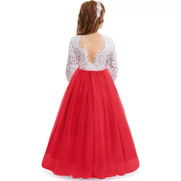 Flower Girls Lace Back Dress for Kids Wedding Bridesmaid Party Formal Gown Princess Pageant Birthday Long Tulle DressesRed