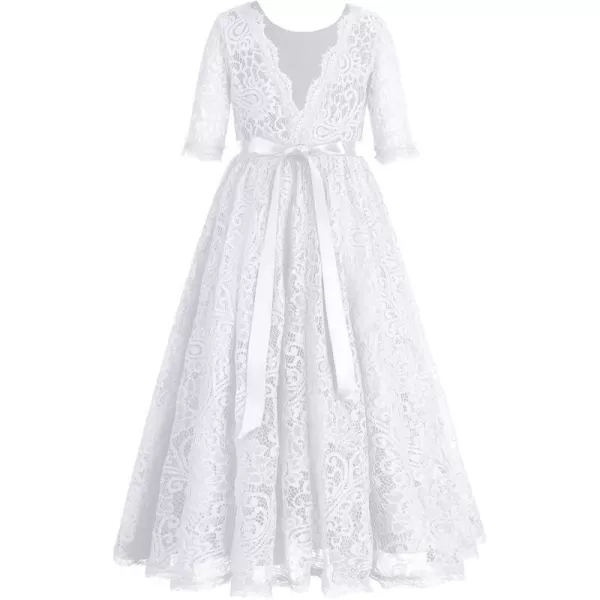 Flower Girls Lace Back Dress for Kids Wedding Bridesmaid Party Formal Gown Princess Pageant Birthday Long Tulle DressesWhite  12 Sleeves