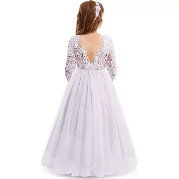 Flower Girls Lace Back Dress for Kids Wedding Bridesmaid Party Formal Gown Princess Pageant Birthday Long Tulle DressesWhite