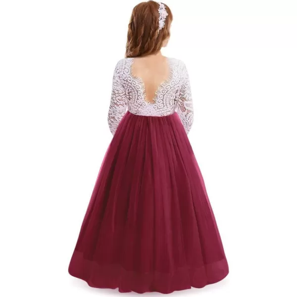 Flower Girls Lace Back Dress for Kids Wedding Bridesmaid Party Formal Gown Princess Pageant Birthday Long Tulle DressesWine Red