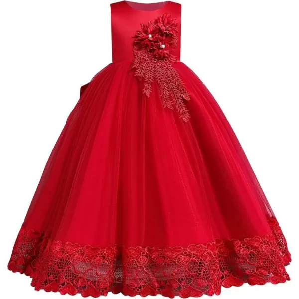 Flower Girls Lace Beaded Tutu Dress for Kids Baby Wedding Bridesmaid Pageant Party Gown Princess Puffy Tulle DressesDark Red