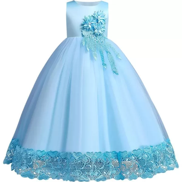 Flower Girls Lace Beaded Tutu Dress for Kids Baby Wedding Bridesmaid Pageant Party Gown Princess Puffy Tulle DressesLight Blue