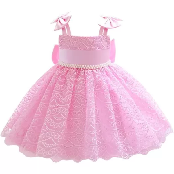 Flower Girls Lace Bowknot Tutu Dress for Kids Baby Baptism Wedding Bridesmaid First Communion Birthday Party DressesPink