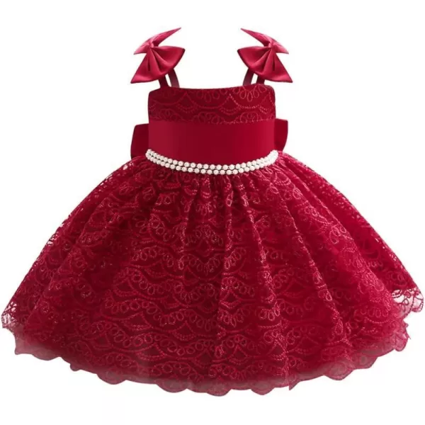 Flower Girls Lace Bowknot Tutu Dress for Kids Baby Baptism Wedding Bridesmaid First Communion Birthday Party DressesWine Red