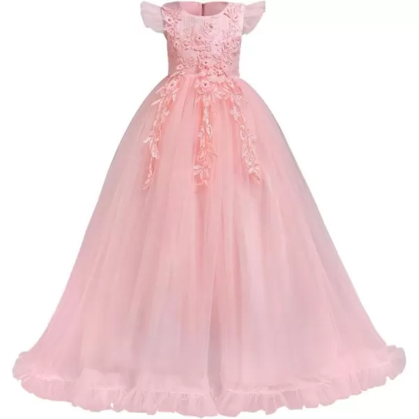 Flower Girls Lace Long Dress Bridesmaid Wedding Pageant Party Maxi Dresses Kids Prom Communion Puffy Tulle Ball GownsPink